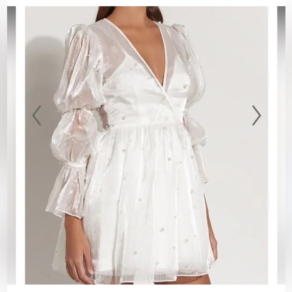 Showpo bachelorette party bridal White Sheer solanna mini Dress Pearl Accents - Picture 2 of 11